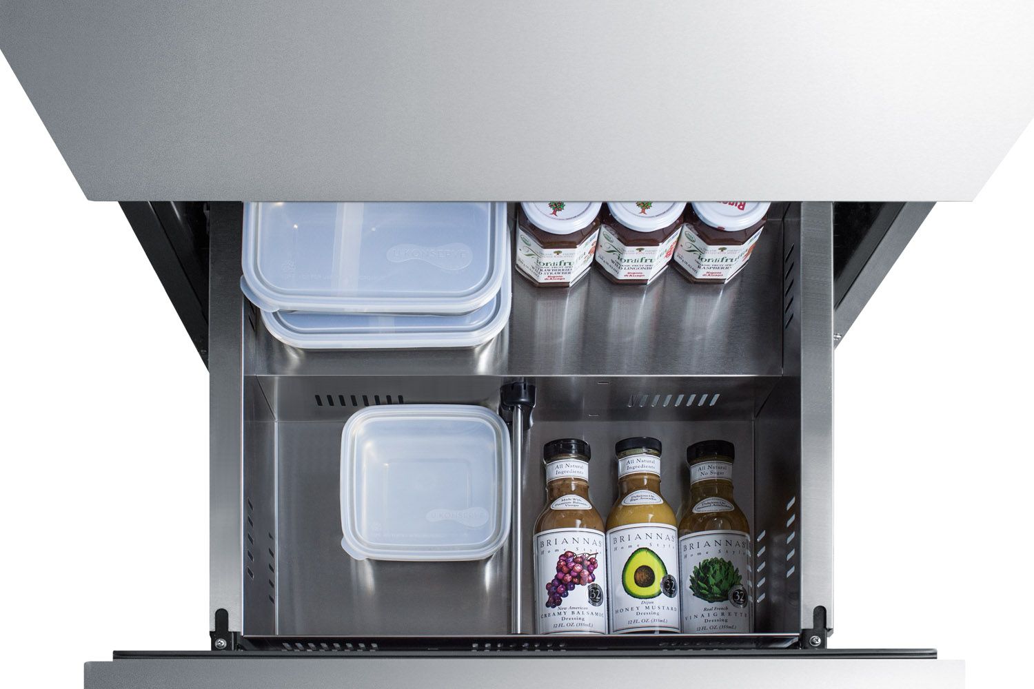 Commercially listed ENERGY STAR certified panel-ready 2-drawer all-refrigerator in stainless steel designed for indoor or outdoor use under standard or ADA compliant counters